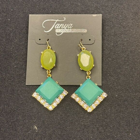 Gold and Green Teardrop Earrings with Glossy Finish 2.25 inch - Picture 1 of 5
